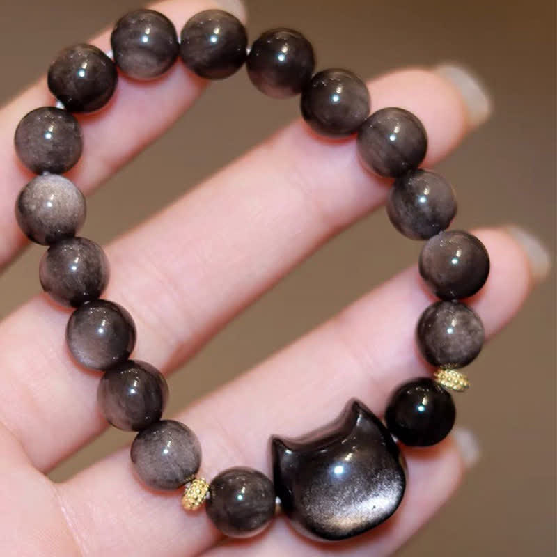 Fortune Jewel Gold Sheen Obsidian Silver Sheen Obsidian Lovely Paw Lucky Cat Protection Bracelet