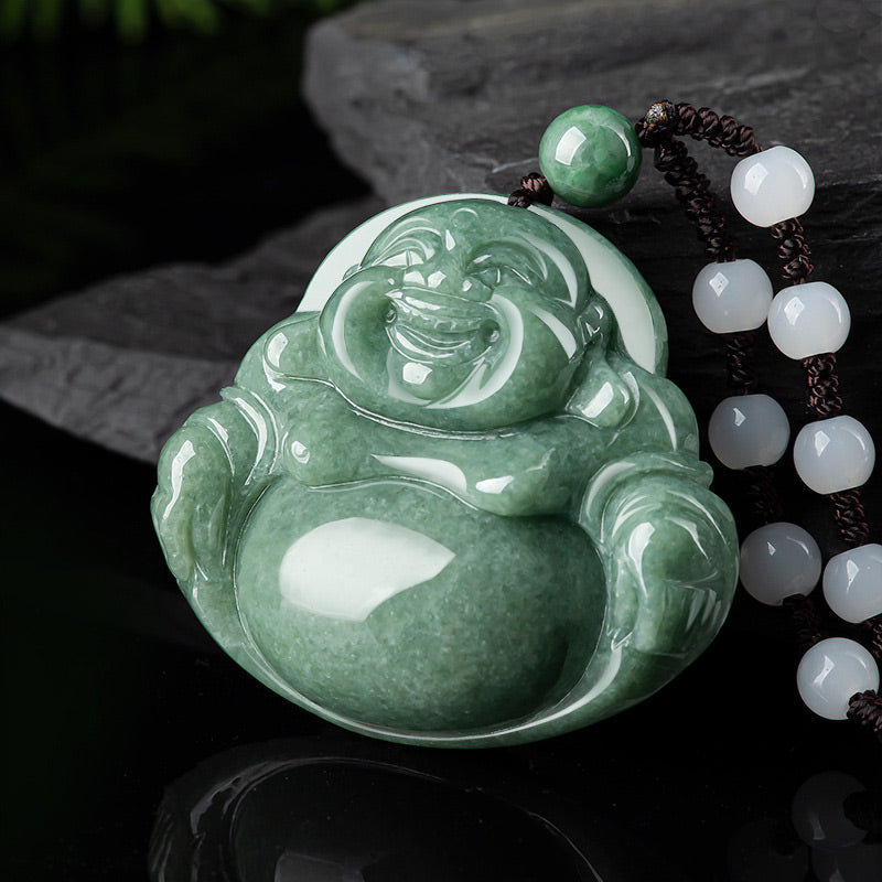 Buddha Stones Laughing Buddha Cyan Jade Harmony Necklace String Bead Pendant Fortune Jewel