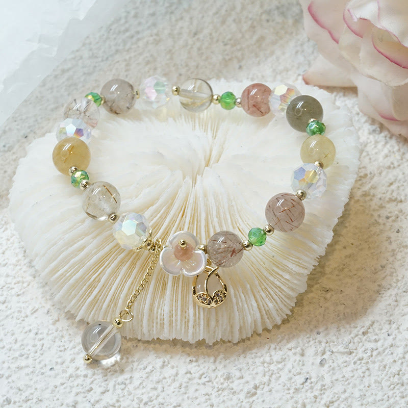 Fortune Jewel Strawberry Quartz Rutilated Quartz Fluorite Flower Healing Bracelet