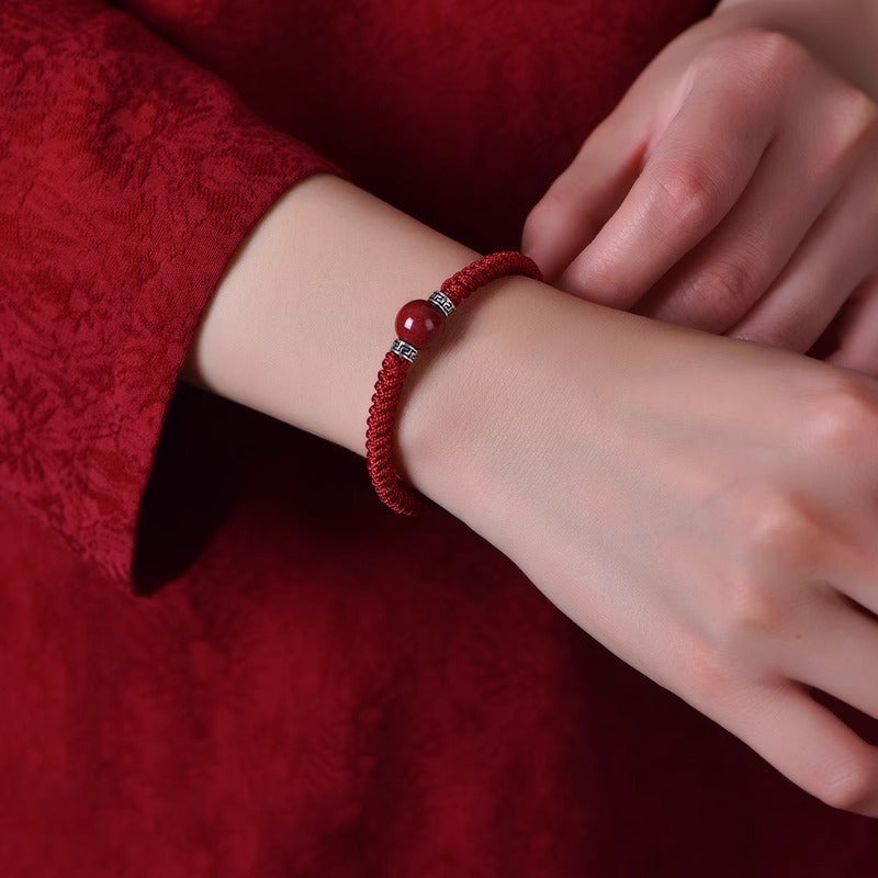 Fortune Jewel 925 Sterling Silver Natural Cinnabar Bead Calm Handmade Braided String Bracelet