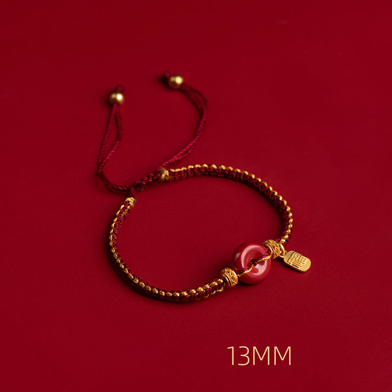 Fortune Jewel Natural Cinnabar Peace Buckle Fu Character Charm Blessing Braided Bracelet