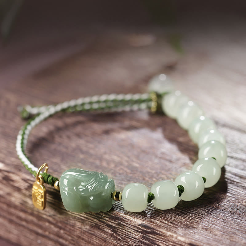 Fortune Jewel Natural Hetian Jade PiXiu Luck Fu Character String Bracelet