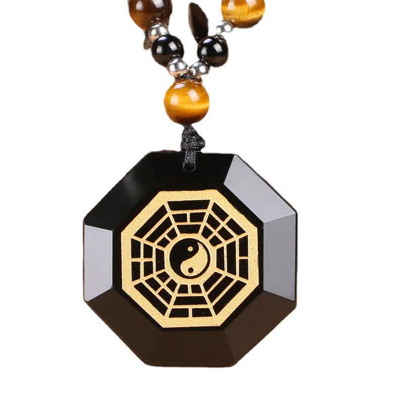 Fortune Jewel Bagua Yin Yang Black Obsidian Purification Beaded Necklace Pendant