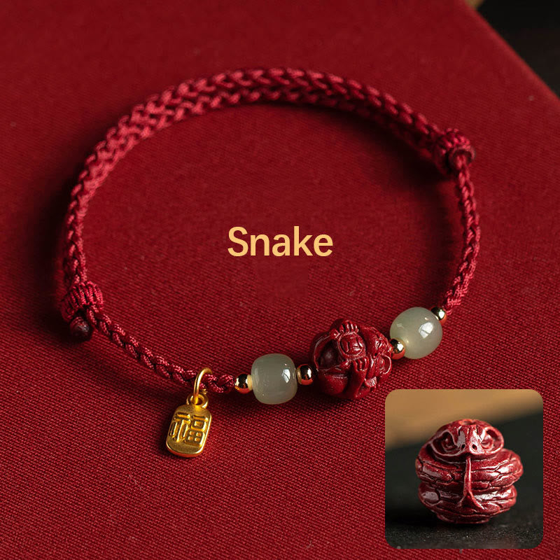 Fortune Jewel Natural Cinnabar Chinese Zodiac Hetian Jade Fu Character Luck Rope Bracelet