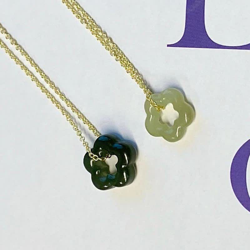 Fortune Jewel Dainty Hetian Jade Cyan Jade Luck Floral Charm Necklace Pendant