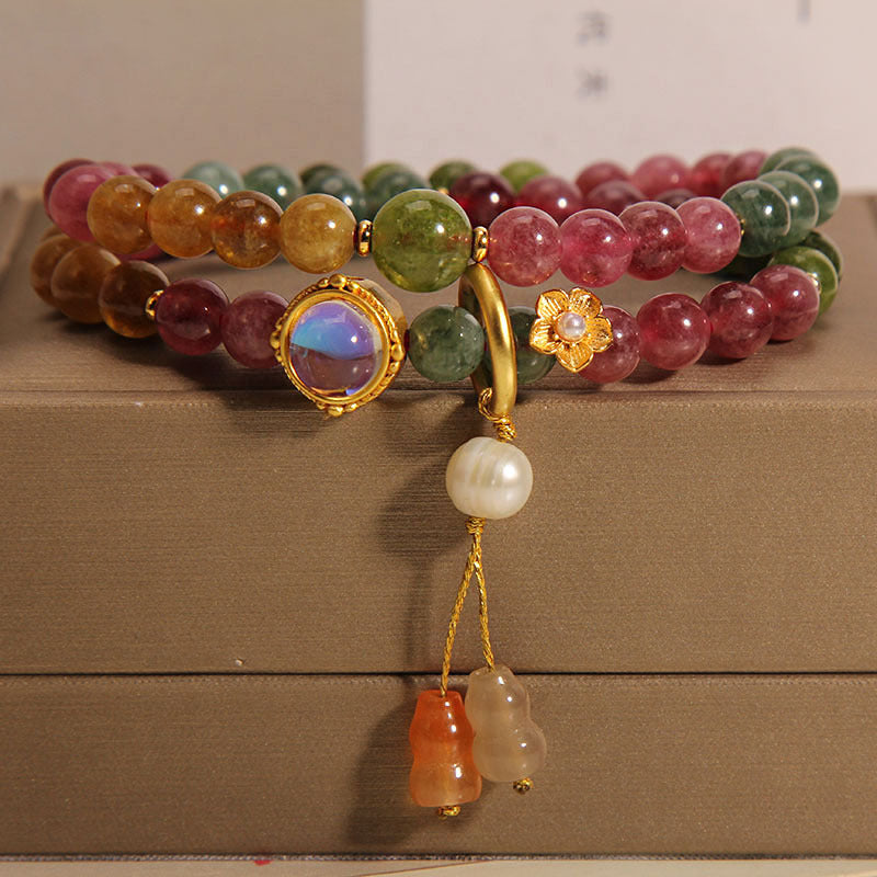 Fortune Jewel Multicolored Tourmaline Positive Double Wrap Gourd Charm Bracelet