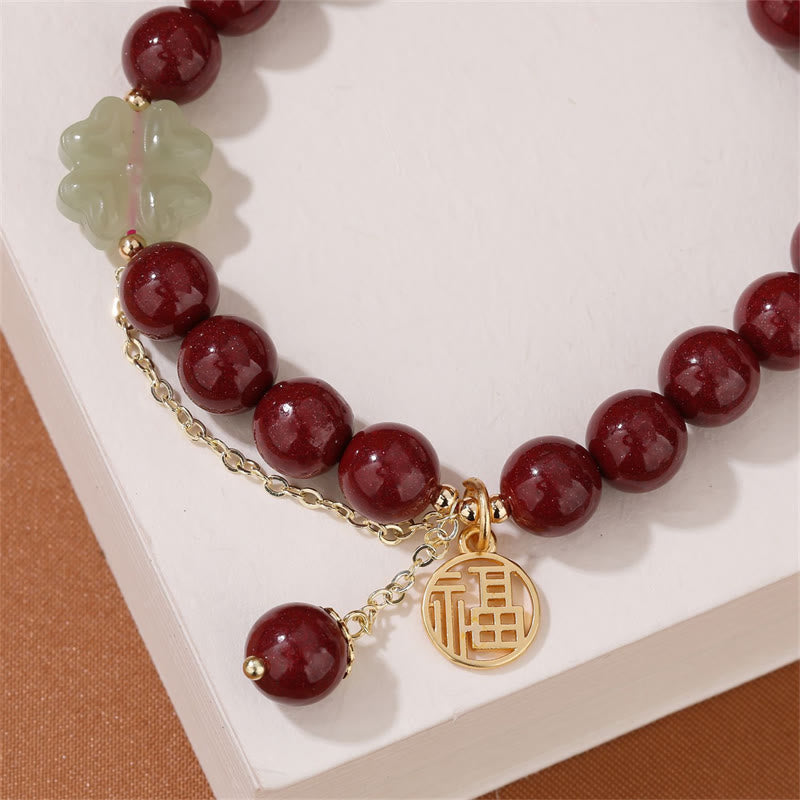 Fortune Jewel Cinnabar Fu Character Hetian Jade Lucky Four Leaf Clover Blessing Bracelet