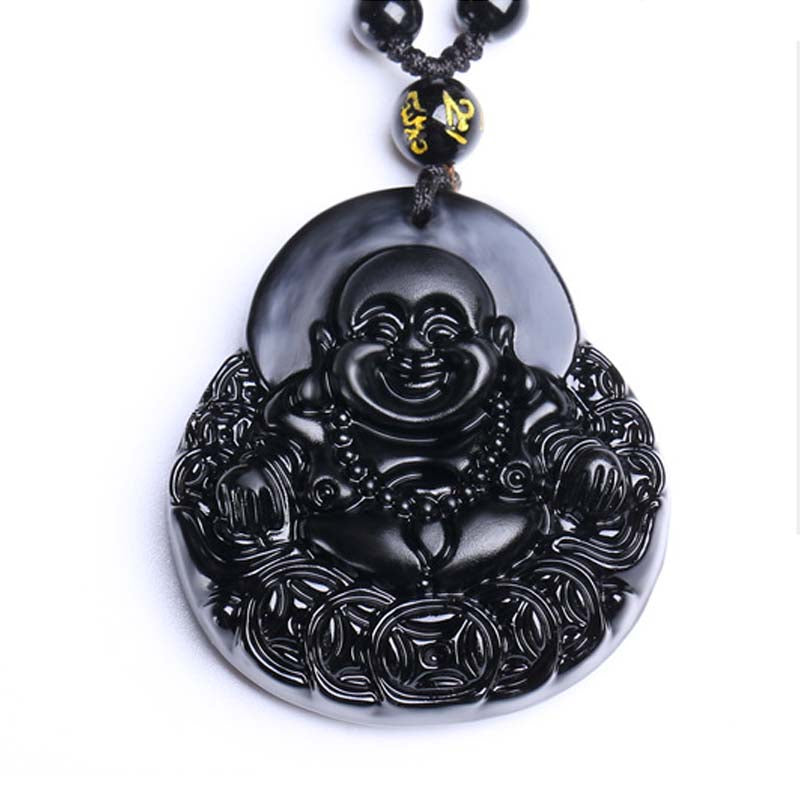 Fortune Jewel Laughing Buddha Black Obsidian Strength Protection Pendant Necklace