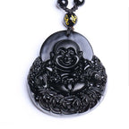 Fortune Jewel Laughing Buddha Black Obsidian Strength Protection Pendant Necklace
