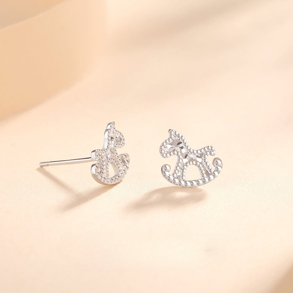 Women’s S925 Sterling Silver Ice-Textured Wood Horse Stud Earrings