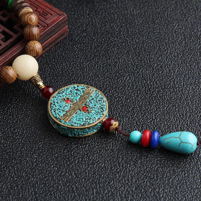 Fortune Jewel Turquoise Dzi Bead Prayer Wheel Wenge Wood Meditation Necklace