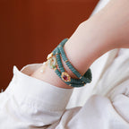 Fortune Jewel 925 Sterling Silver Gold Plated Cyan Jade Flower Peace Buckle Success Triple Wrap Bracelet