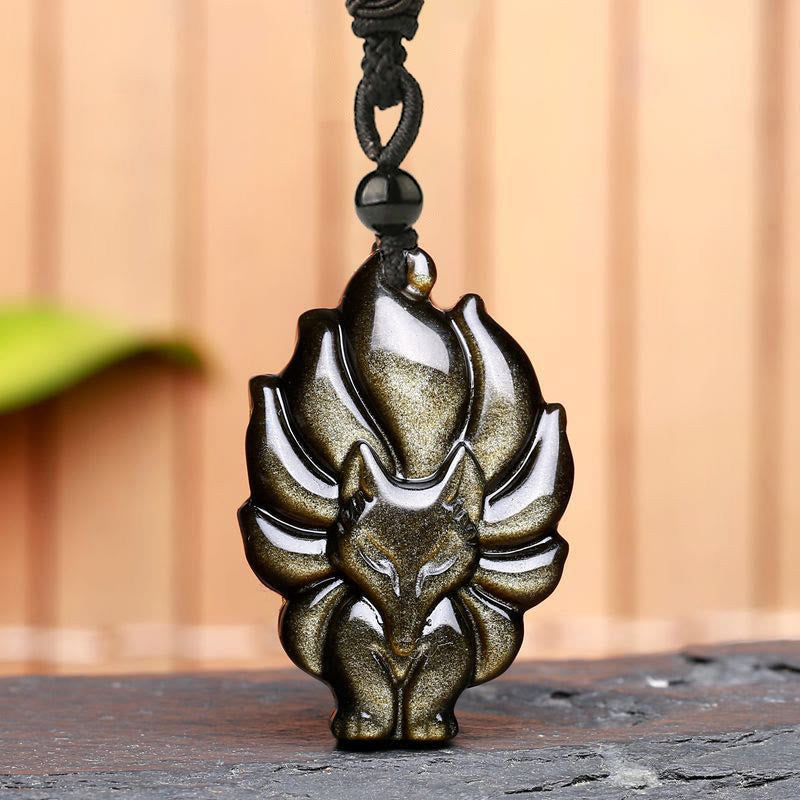 Fortune Jewel Natural Fluorite Gold Sheen Obsidian Fox Pendant Protection Necklace
