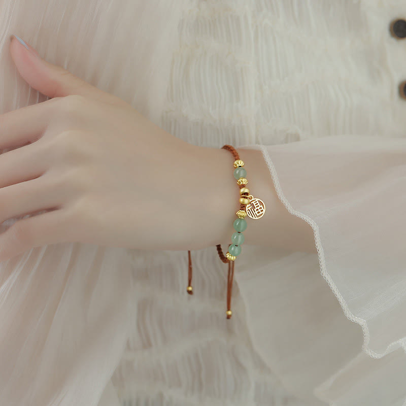 Fortune Jewel Jade Beads Fu Character Blessing Rope Bracelet