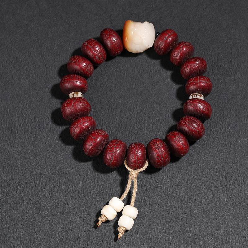 Fortune Jewel Tibet Bodhi Seed Dzi Bead Dancing Lion Luck Bracelet Wrist Mala