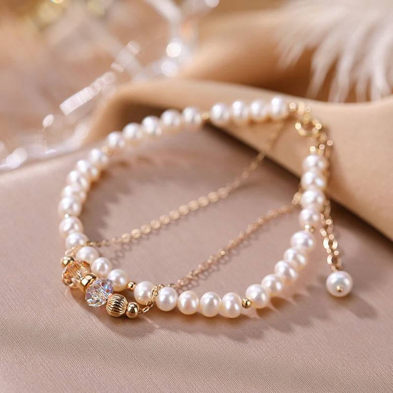 Fortune Jewel 925 Sterling Silver Plated 14k Gold Natural Pearl Crystal Healing Double Layer Bracelet