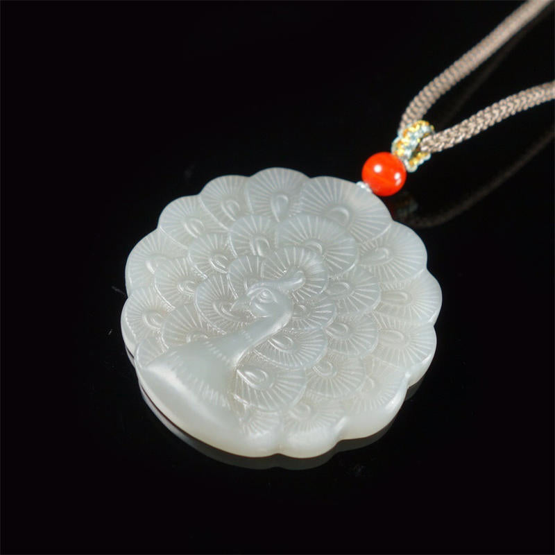 Fortune Jewel White Jade Peacock Protection Blessing Necklace Pendant