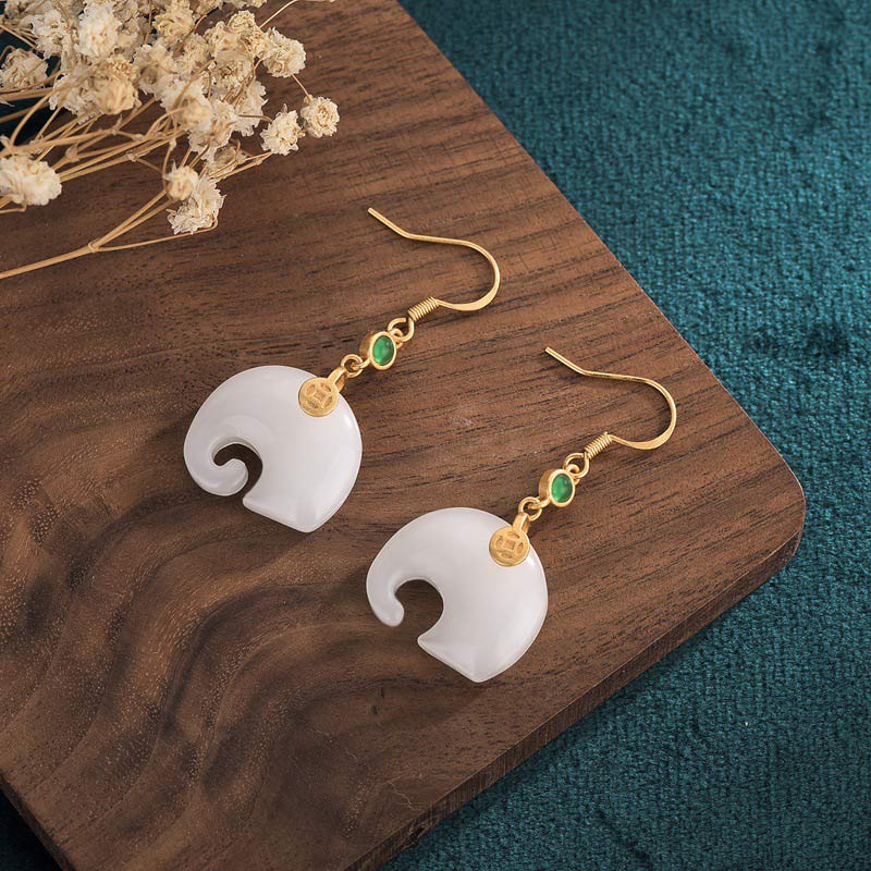 Fortune Jewel FengShui Elephant White Jade Fortune Earrings