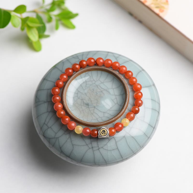 Fortune Jewel 925 Sterling Silver Chinese Zodiac Natal Buddha Amulet Red Agate Amber Self-acceptance Bracelet