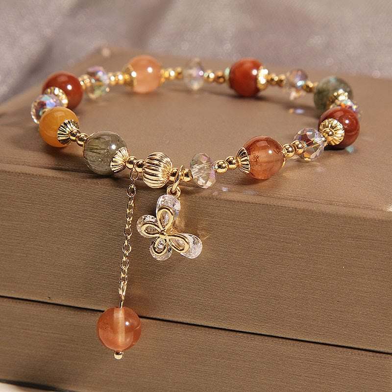 Fortune Jewel Natural Fu Lu Shou Rainbow Crystal Rutilated Quartz Wealth Butterfly Charm Bracelet