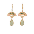 Fortune Jewel Natural Green Aventurine Fan Pattern Luck Drop Earrings