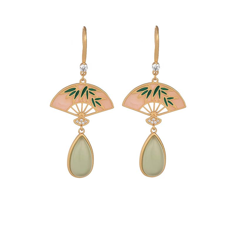 Fortune Jewel Natural Green Aventurine Fan Pattern Luck Drop Earrings