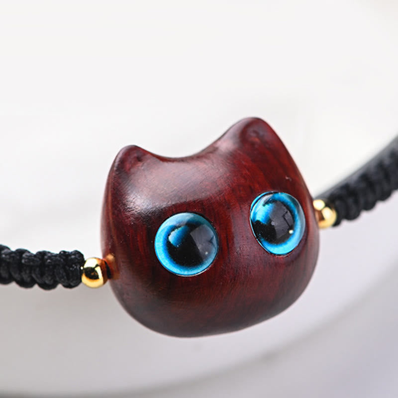 Fortune Jewel Small Leaf Red Sandalwood Ebony Wood Cute Cat Head Calm Protection Braided Bracelet