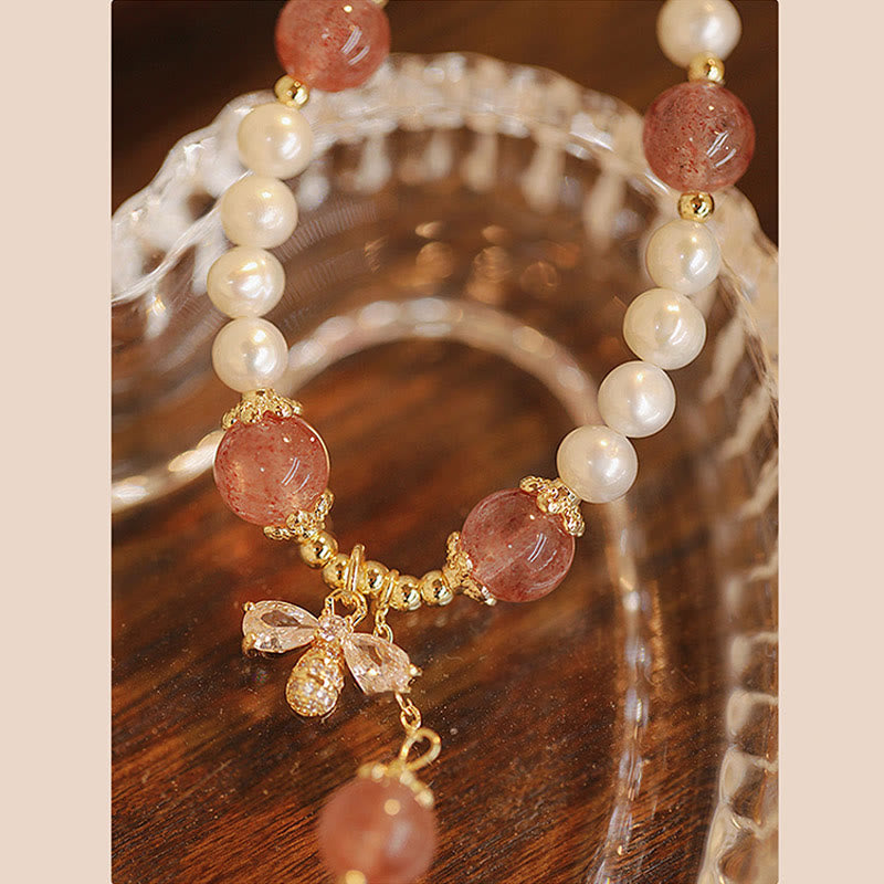 Fortune Jewel Natural Pearl Strawberry Quartz Healing Cute Honey Bee Charm Bracelet