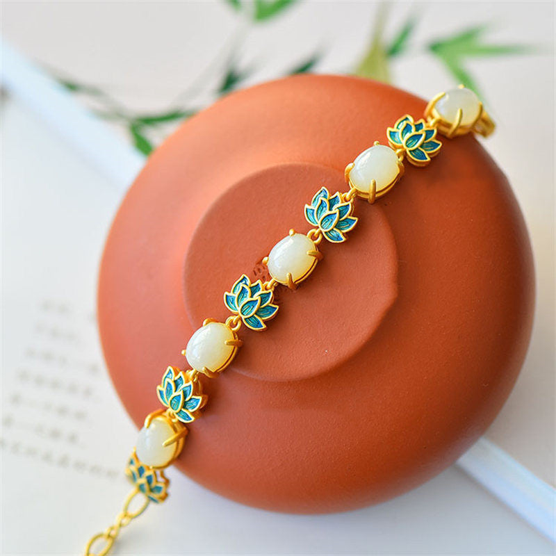 Fortune Jewel White Jade Cyan Jade Lotus Protection Bracelet Fortune Jewel