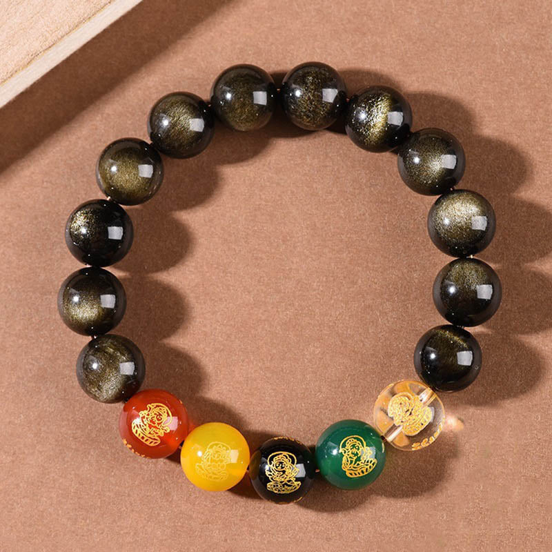 Fortune Jewel Gold Sheen Obsidian Rainbow Obsidian Black Obsidian Five Directions Gods of Wealth Bracelet
