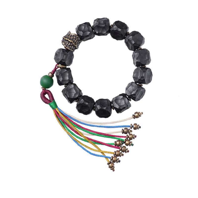 Fortune Jewel Tibet Ebony Wood Copper Peace Tassel Wrist Mala Bracelet
