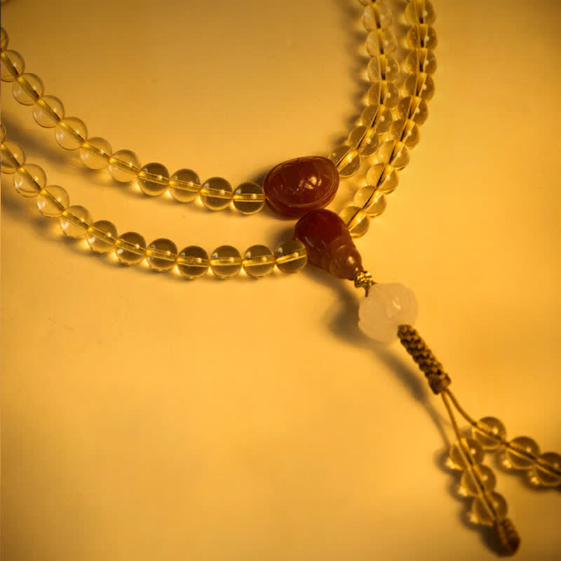 Fortune Jewel 108 Mala Beads 925 Sterling Silver Natural Citrine Red Agate White Jade Prosperity Charm Bracelet