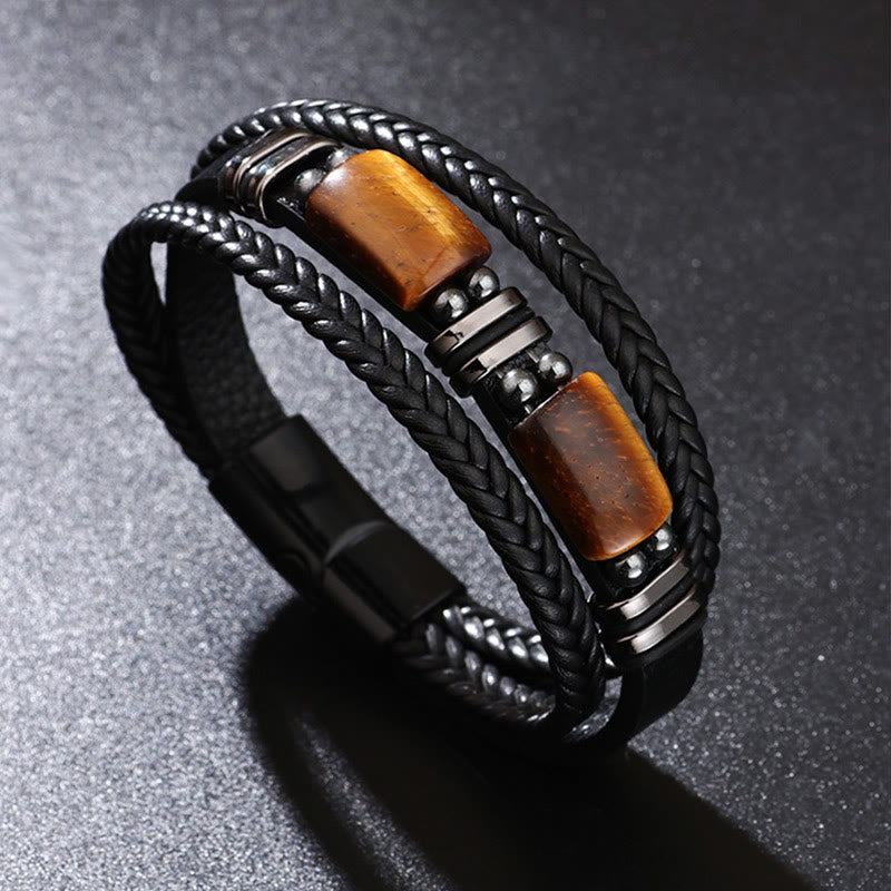 Fortune Jewel Tiger Eye Power Magnetic Buckle Multilayered Leather Bracelet