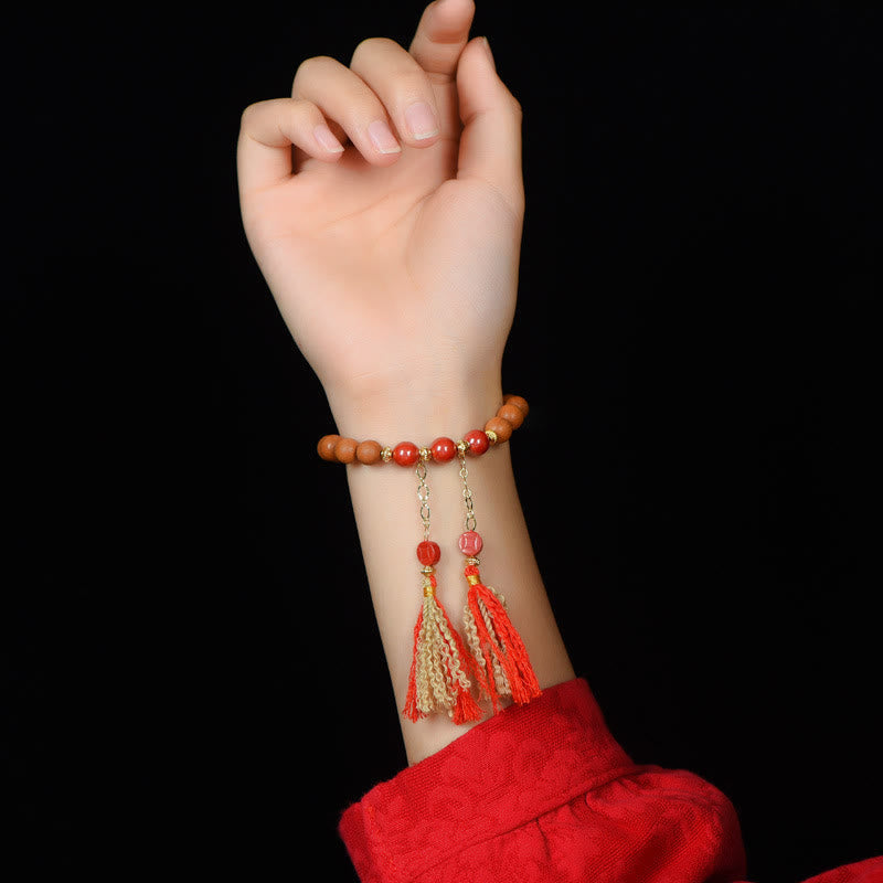 Fortune Jewel Tibetan Natural Peach Wood Cinnabar PiXiu Wealth Tassels Bracelet