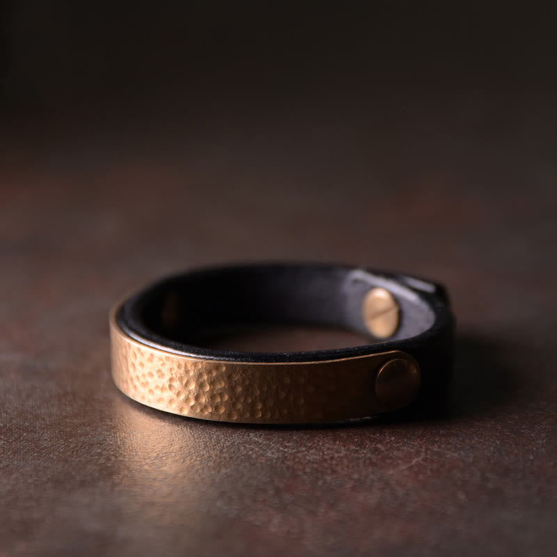 Fortune Jewel Vintage Handmade Texture Copper Brass Leather Wealth Bracelet Bangle