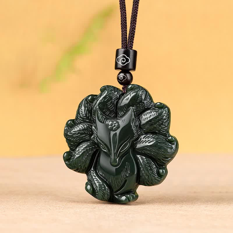 Fortune Jewel Hetian Cyan Jade Nine Tailed Fox Luck Necklace String Pendant