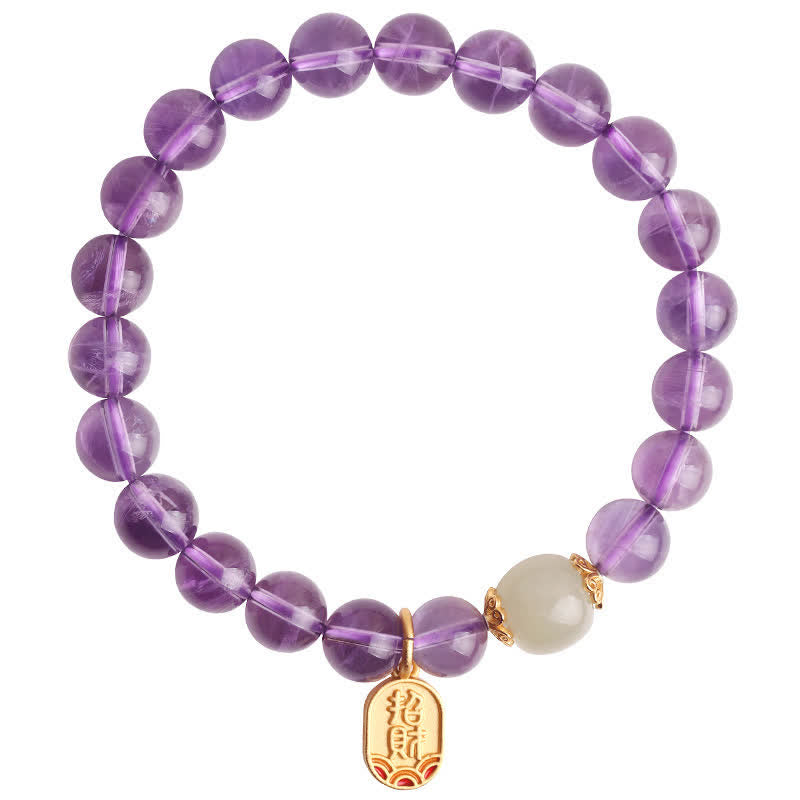 Fortune Jewel Natural Amethyst Crystal Hetian Jade Healing Charm Bracelet