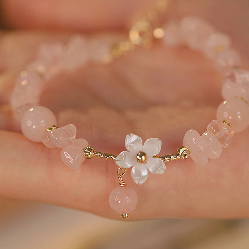 Fortune Jewel 14k Gold Plated Natural Pink Crystal Flower Love Bracelet