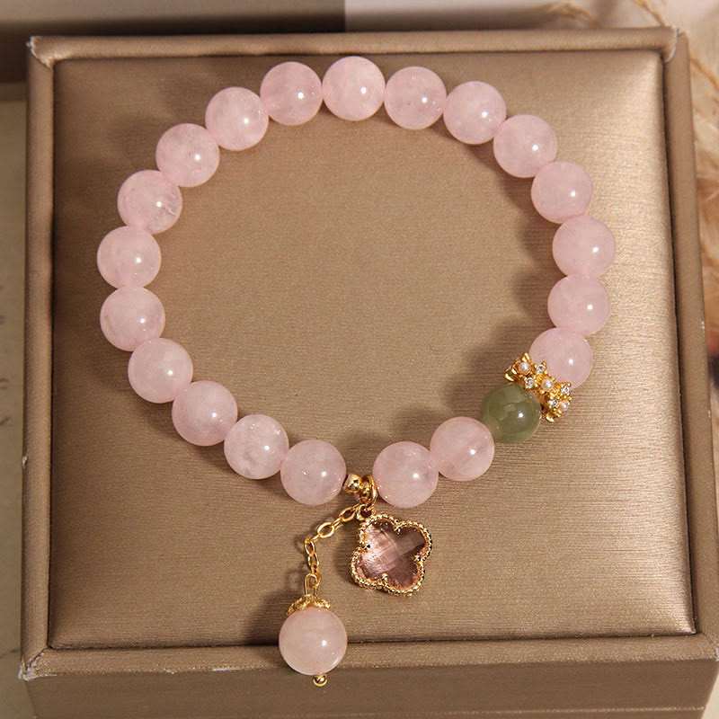 Fortune Jewel Natural Pink Crystal Four Leaf Clover Soothing Bracelet