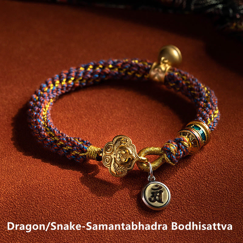 Fortune Jewel 925 Sterling Silver Chinese Zodiac Natal Buddha Om Mani Padme Hum Luck Bell Braided String Bracelet