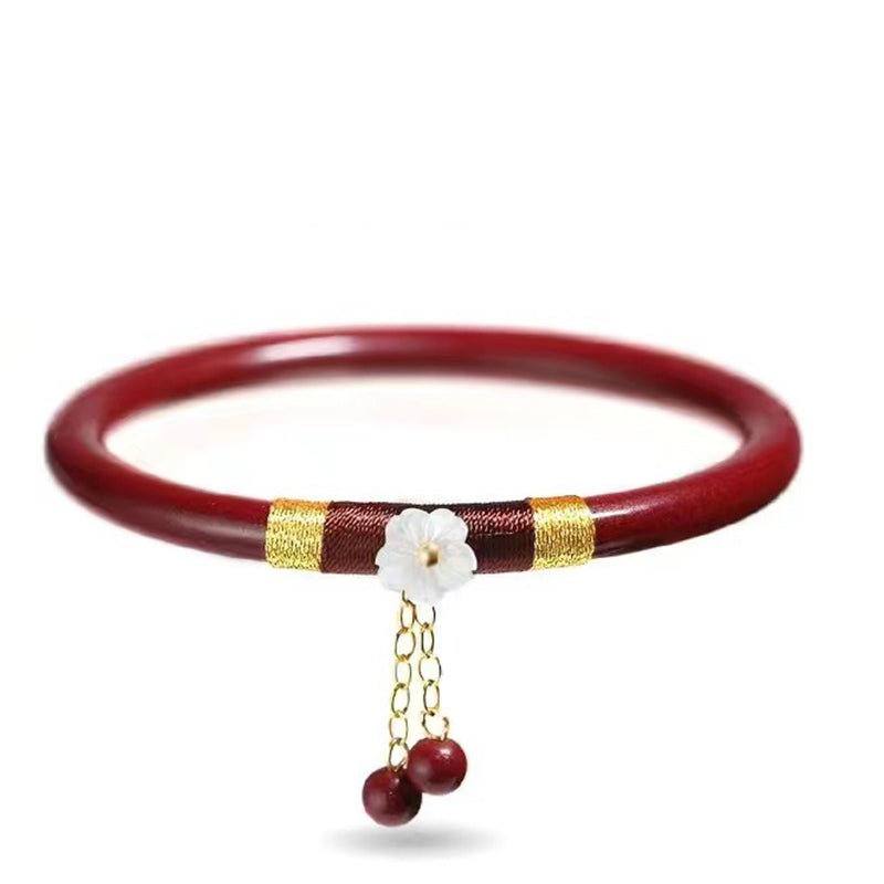 Fortune Jewel 2Pcs Cinnabar Flower Blessing Bangle Charm Bracelet