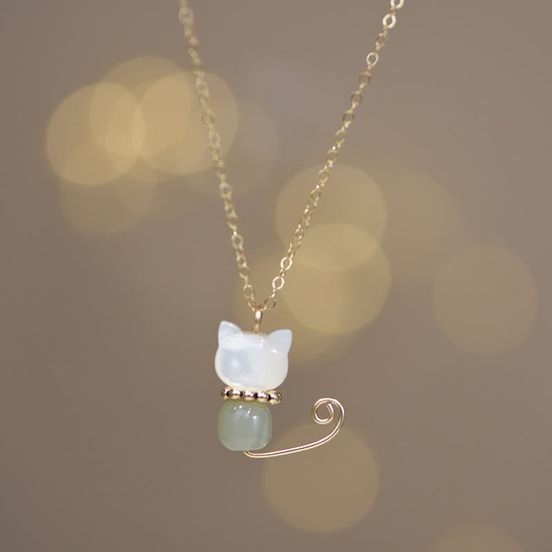 Fortune Jewel 14K Gold Plated Pearl Hetian Jade Shell Luck Cat Kitten Necklace Pendant