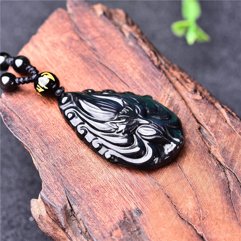 Fortune Jewel Natural Rainbow Obsidian Nine Tailed Fox Inner Peace Necklace Beaded String Pendant
