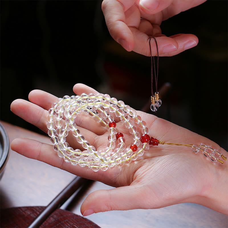 Fortune Jewel 108 Mala Beads 925 Sterling Silver Natural White Agate Red Agate Quadruple Wrap Protection Bracelet