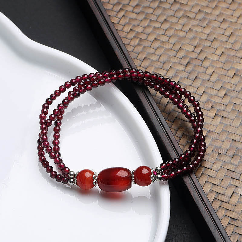 Fortune Jewel Natural Garnet Red Agate Protection Triple Layer Bracelet