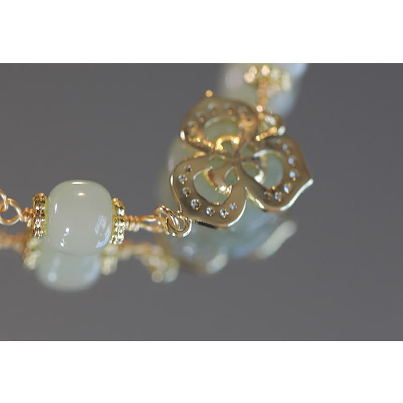 Fortune Jewel 14K Gold Plated Hetian Jade Rose Flower Luck Chain Bracelet