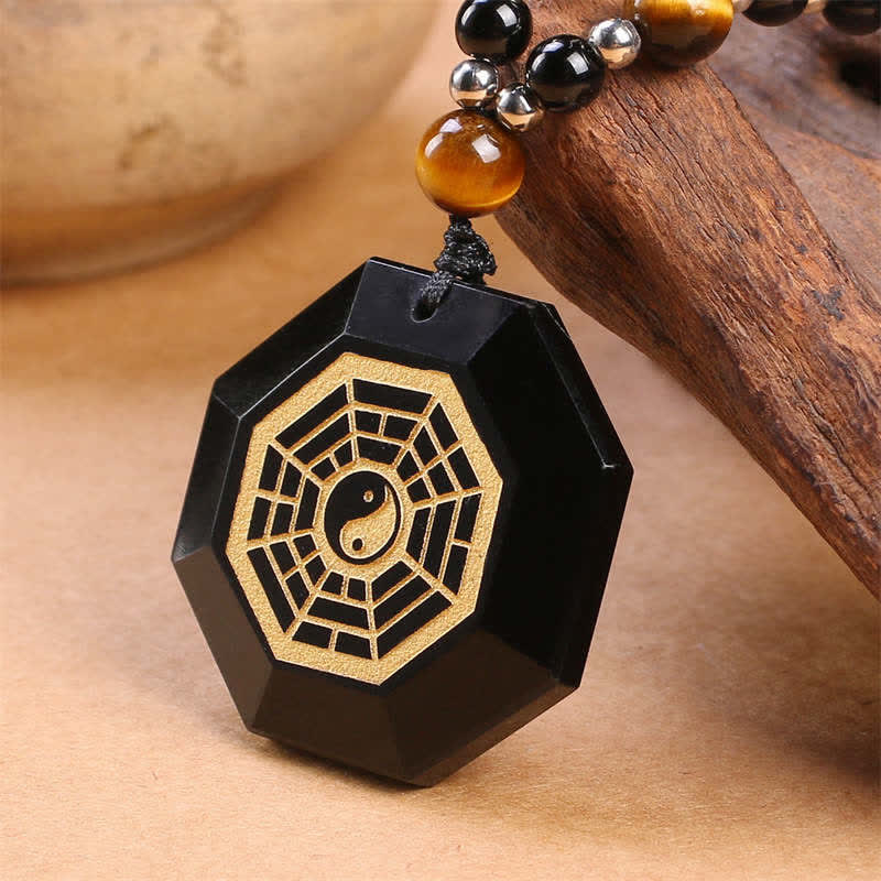 Fortune Jewel Bagua Yin Yang Black Obsidian Purification Beaded Necklace Pendant