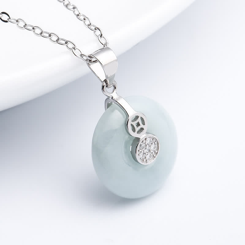 Fortune Jewel 925 Sterling Silver Peace Buckle Jade Coin Luck Necklace Pendant
