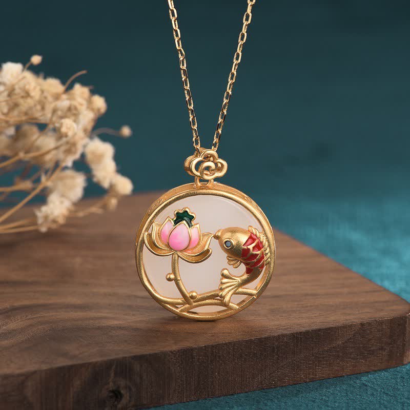 Fortune Jewel White Jade Koi Fish Lotus Blessing Necklace Pendant Fortune Jewel