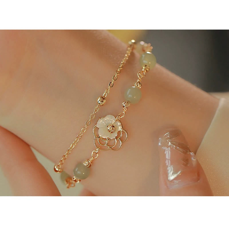 Fortune Jewel 14K Gold Plated Jade Butterfly Tridacna Stone Flower Double Layer Luck Bracelet